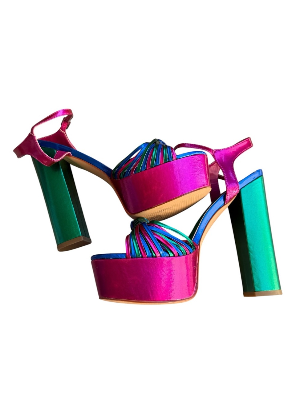 Azalea Wang Metallic Pink Teal Platform Block Heel Sandals Size 7 - Picture 3 of 9